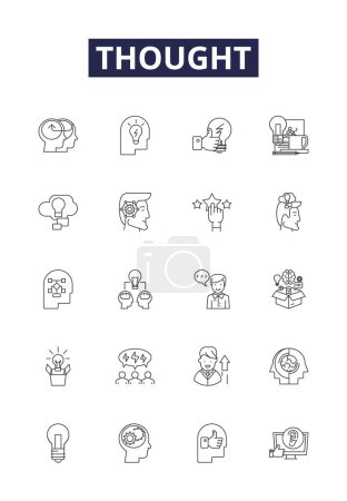 Thought line vector icons and signs. Reflexion, Introspection, Idea, Ponder, Meditate, Thesis, Cogitation, Inquiry vector outline illustration set