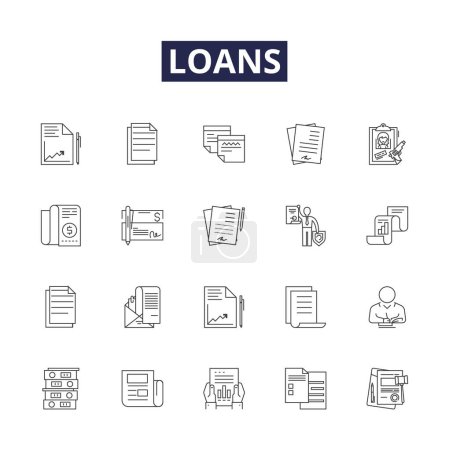 Illustration for Loans line vector icons and signs. Loans, Financing, Credit, Borrowing, Advance, Debts, Mortgage, Cash vector outline illustration set - Royalty Free Image
