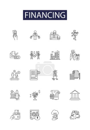 Illustration for Financing line vector icons and signs. Funding, Investing, Credit, Bankruptcy, Bank, Debtor, Creditor, Obligation vector outline illustration set - Royalty Free Image