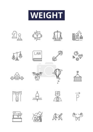 Illustration for Weight line vector icons and signs. Pound, Mass, Balance, Kilogram, Measurement, Calorie, Obese, Scales vector outline illustration set - Royalty Free Image
