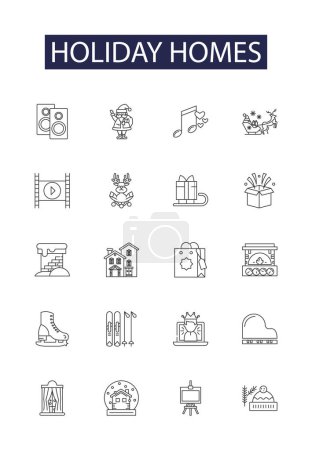 Illustration for Holiday homes line vector icons and signs. rentals, lodges, bungalows, chalets, cottages, cabins, retreats, villas vector outline illustration set - Royalty Free Image