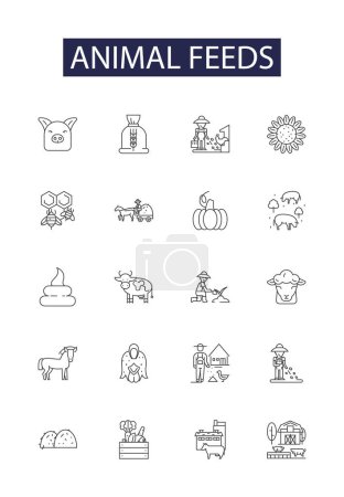 Illustration for Animal feeds line vector icons and signs. Forage, Grain, Meal, Concentrates, Hay, Silage, Pellets, Supplement vector outline illustration set - Royalty Free Image