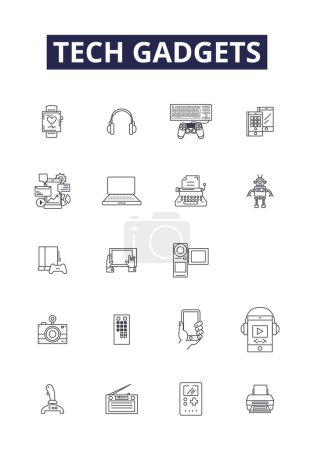 Ilustración de Tech gadgets línea vectorial iconos y signos. Gadgets, Electrónica, Computadoras, Smartphones, Cámaras, Televisores, Altavoces, Auriculares vector esquema conjunto de ilustración - Imagen libre de derechos
