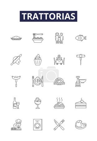 Illustration for Trattorias line vector icons and signs. Italian, Cuisine, Restaurants, Garlic, Basil, Pizza, Pasta, Ravioli vector outline illustration set - Royalty Free Image