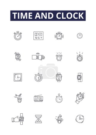 Illustration for Time and clock line vector icons and signs. clockTime, Clock, Chronometer, Chronology, Hour, Seconds, Minutes, Timescale vector outline illustration set - Royalty Free Image