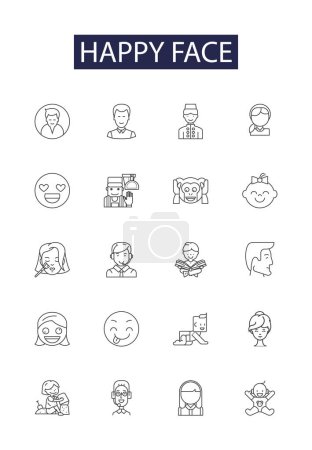 Illustration for Happy face line vector icons and signs. Grinning, Joyful, Gleeful, Cheerful, Satisfied, Delighted, Jovial, Mirthful vector outline illustration set - Royalty Free Image