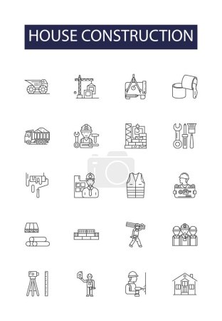 Illustration for House construction line vector icons and signs. Constructing, Erecting, Frame, Framing, Masonry, Foundations, Walls, Roofing vector outline illustration set - Royalty Free Image