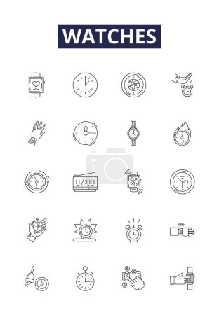 Ilustración de Relojes línea vector iconos y signos. relojes de pulsera, cronómetros, cuarzo, analógico, digital, relojes inteligentes, cronógrafos, conjunto de ilustración contorno de vectores de línea solar - Imagen libre de derechos