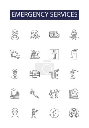 Emergency services line vector icons and signs. Firefighter, Policeman, Rescue, Paramedic, 9, EMT, Extinguish, Trauma vector outline illustration set