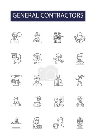 Illustration for General contractors line vector icons and signs. Constructor, Engineer, Contractor, Fitter, Installer, Craftsperson, Foreman, Labourer vector outline illustration set - Royalty Free Image