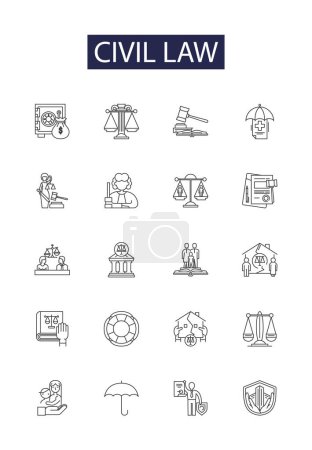 Ilustración de Derecho civil línea vectorial iconos y signos. Ley, Derechos, Litigio, agravios, Contratos, Propiedad, Responsabilidad, Gobierno esquema de vectores conjunto de ilustración - Imagen libre de derechos