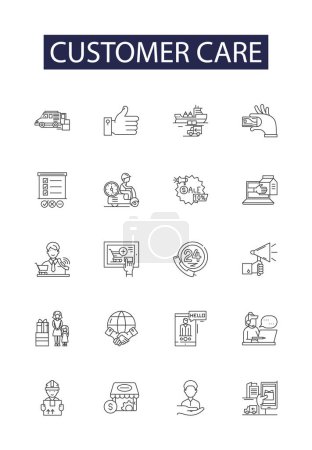 Illustration for Customer care line vector icons and signs. Obligation, Support, Assistance, Help, Resolution, Quality, Satisfaction, Team vector outline illustration set - Royalty Free Image