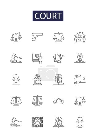 Ilustración de Corte línea vectorial iconos y signos. Juez, Jurisdicción, Citación, Procesante, Apelación, Juicio, Veredicto, Conjunto de ilustración de esquema de jurado vectorial - Imagen libre de derechos