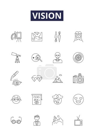 Illustration for Vision line vector icons and signs. Sight, Perception, Observer, Discern, Foresight, Discernment, Outlook, View vector outline illustration set - Royalty Free Image