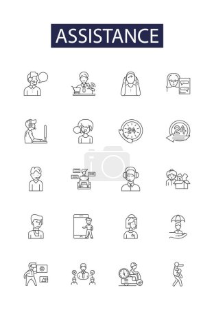 Illustration for Assistance line vector icons and signs. Aid, Support, Advise, Facilitate, Relief, Guidance, Backing, Care vector outline illustration set - Royalty Free Image