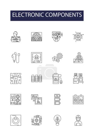 Illustration for Electronic components line vector icons and signs. Resistors, Diodes, Capacitors, LEDs, Relays, Converters, Amplifiers, Oscillators vector outline illustration set - Royalty Free Image