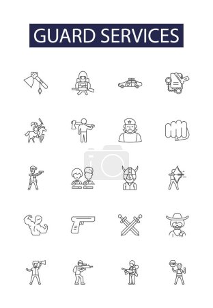 Illustration for Guard services line vector icons and signs. Security, Protection, Vigilance, Surveillance, Watchkeeping, Safeguarding, Patrols, Guarding vector outline illustration set - Royalty Free Image