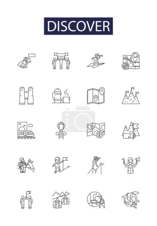 Illustration for Discover line vector icons and signs. Explore, Trace, Unearth, Realize, Unwrap, Ascertain, Reveal, Educate vector outline illustration set - Royalty Free Image