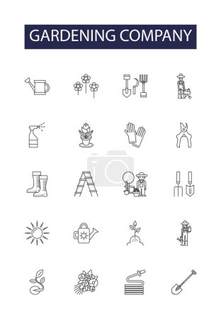 Illustration for Gardening company line vector icons and signs. Company, Landscaping, Lawn, Trees, Bushes, Pruning, Design, Shrubs vector outline illustration set - Royalty Free Image