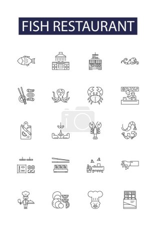 Illustration for Fish restaurant line vector icons and signs. Restaurant, Seafood, Cuisine, Dining, Catch, Grill, Plate, Meal vector outline illustration set - Royalty Free Image