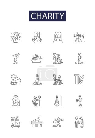 Illustration for Charity line vector icons and signs. Kindness, Giving, Aid, Donate, Compassion, Support, Voluntary, Humanitarian vector outline illustration set - Royalty Free Image