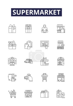 Illustration for Supermarket line vector icons and signs. Produce, Dairy, Meat, Fish, Canned, Snacks, Bakery, Beverage vector outline illustration set - Royalty Free Image