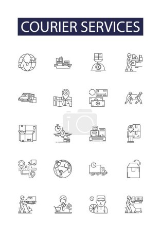 Ilustración de Servicios de mensajería línea vectorial iconos y signos. Entrega, Servicios, Envío, Paquetes, Paquetes, Envío, Correo, Logística esquema de vectores conjunto de ilustración - Imagen libre de derechos