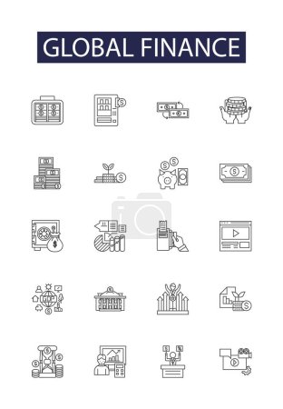 Symbole und Zeichen für globale Finanzlinien. Global, Banken, Investitionen, Wirtschaft, Geld, Märkte, Börse, Trading Vektor Outline Illustration Set