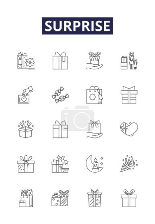Illustration for Surprise line vector icons and signs. Astonish, Amaze, Shock, Startle, Unforeseen, Stun, Marvel, Astound vector outline illustration set - Royalty Free Image