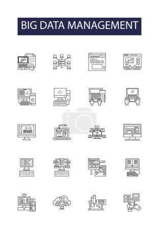Illustration for Big data management line vector icons and signs. Mining, Storage, Processing, Visualization, Integration, Automation, Security, Warehousing vector outline illustration set - Royalty Free Image