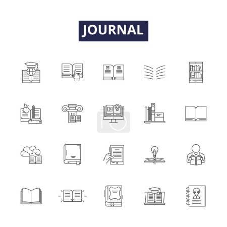 Illustration for Journal line vector icons and signs. Record, Log, Diary, Periodical, Ledger, Newsletter, Article, Index vector outline illustration set - Royalty Free Image