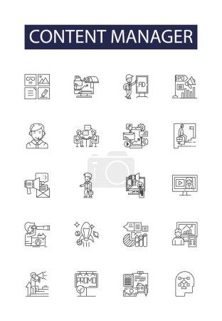 Illustration for Content manager line vector icons and signs. Manager, Editor, Writer, Strategist, Coordinator, Marketer, Publisher,Producer vector outline illustration set - Royalty Free Image
