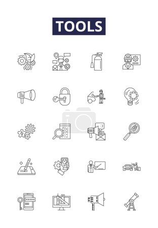 Illustration for Tools line vector icons and signs. Wrench, Hammer, Saw, Drill, Screwdriver, Pliers, Socket, Ruler vector outline illustration set - Royalty Free Image