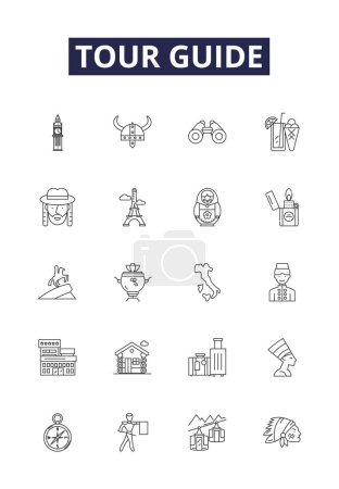 Illustration for Tour guide line vector icons and signs. Guide, Escort, Guidebook, Guidepost, Pilot, Mentor, Explorer, Connoisseur vector outline illustration set - Royalty Free Image