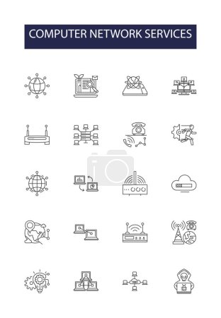 Illustration for Computer network services line vector icons and signs. Services, Computing, Connectivity, Virtualization, Protocols, Firewall, Security, Cloud vector outline illustration set - Royalty Free Image