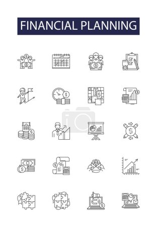 Illustration for Financial planning line vector icons and signs. Planning, Investing, Budgeting, Savings, Retirement, Insurance, Wealth, Strategies vector outline illustration set - Royalty Free Image
