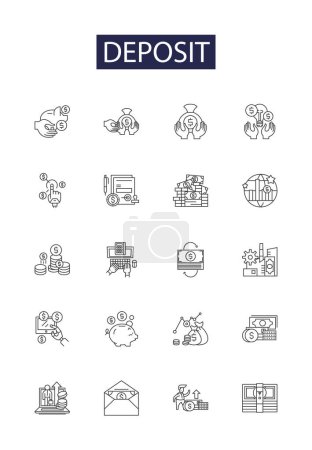 Illustration for Deposit line vector icons and signs. Reserve, Entrust, Store, Remit, Invest, Downpayment, Contribute, Accrue vector outline illustration set - Royalty Free Image