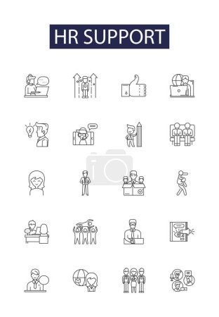 Illustration for Hr support line vector icons and signs. Support, Recruiting, Training, Employee, Development, Benefits, Management, Policies vector outline illustration set - Royalty Free Image