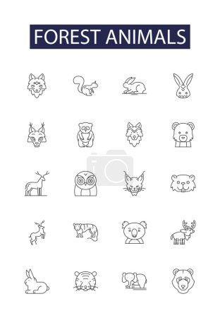 Ilustración de Los animales forestales alinean iconos y signos vectoriales. Osos, Lobos, Ardillas, Ciervos, Lince, Jabalí, Conejos, Conejos vector contorno ilustración conjunto - Imagen libre de derechos