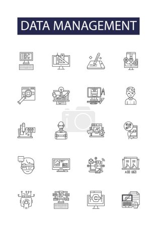 Illustration for Data management line vector icons and signs. Analysis, Storage, Control, Automation, Security, Cleaning, Protection, Interpretation vector outline illustration set - Royalty Free Image