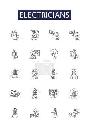 Illustration for Electricians line vector icons and signs. Electrician, Electric, Wiring, Power, Electrical, Panel, Cable, Lighting vector outline illustration set - Royalty Free Image