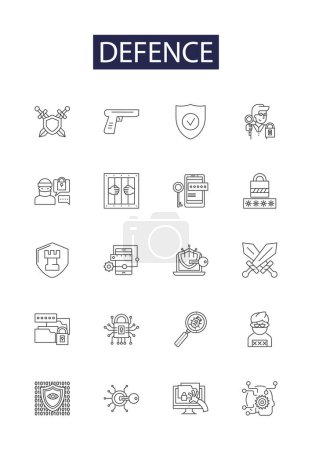 Illustration for Defence line vector icons and signs. safeguard, protect, fortify, secure, ward, buttress, barricade, buffer vector outline illustration set - Royalty Free Image
