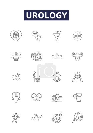 Ilustración de Urología línea vectorial iconos y signos. salud, medicina, médico, médico, enfermedad, cuidado, urólogo, anatomía vector esquema ilustración conjunto - Imagen libre de derechos