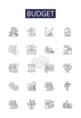 Illustration for Budget line vector icons and signs. Cost, Expense, Funds, Savings, Money, Resource, Allocation, Spending vector outline illustration set - Royalty Free Image
