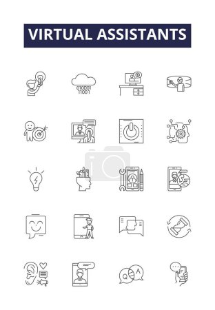Ilustración de Asistentes virtuales línea de iconos vectoriales y signos. Asistentes, AI, Chatbot, Automatizado, Siri, Cortana, Alexa, Google vector esquema conjunto de ilustración - Imagen libre de derechos
