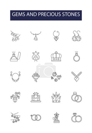 Illustration for Gems and precious stones line vector icons and signs. Rubies, Sapphires, Emeralds, Opals, Amethysts, Topaz, Jade, Aquamarine vector outline illustration set - Royalty Free Image