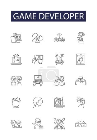 Ilustración de Juego desarrollador línea vector iconos y signos. Desarrollador, Programador, Codificador, Diseñador, Animador, Artista, Escritor, Conjunto de ilustración de esquema de vector de concepto - Imagen libre de derechos