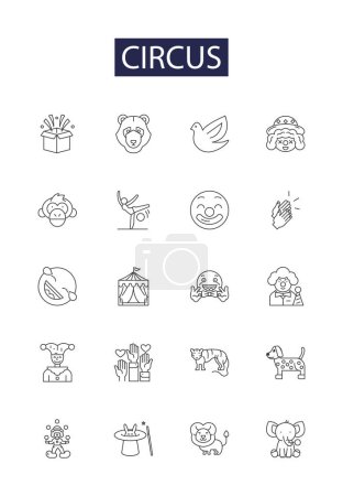 Illustration for Circus line vector icons and signs. Trapeze, Juggling, Unicycles, Acrobats, Tent, Magic, Animals, Elephants vector outline illustration set - Royalty Free Image