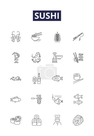 Ilustración de Sushi línea vector iconos y signos. Cocina, Arroz, Japón, Nori, Rollos, Maki, Sashimi, Conjunto de ilustración de esquema de vector de pescado - Imagen libre de derechos