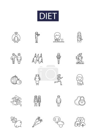 Illustration for Diet line vector icons and signs. Nutrition, Food, Exercise, Weight, Health, Low-Fat, Calorie, Low-Carb vector outline illustration set - Royalty Free Image